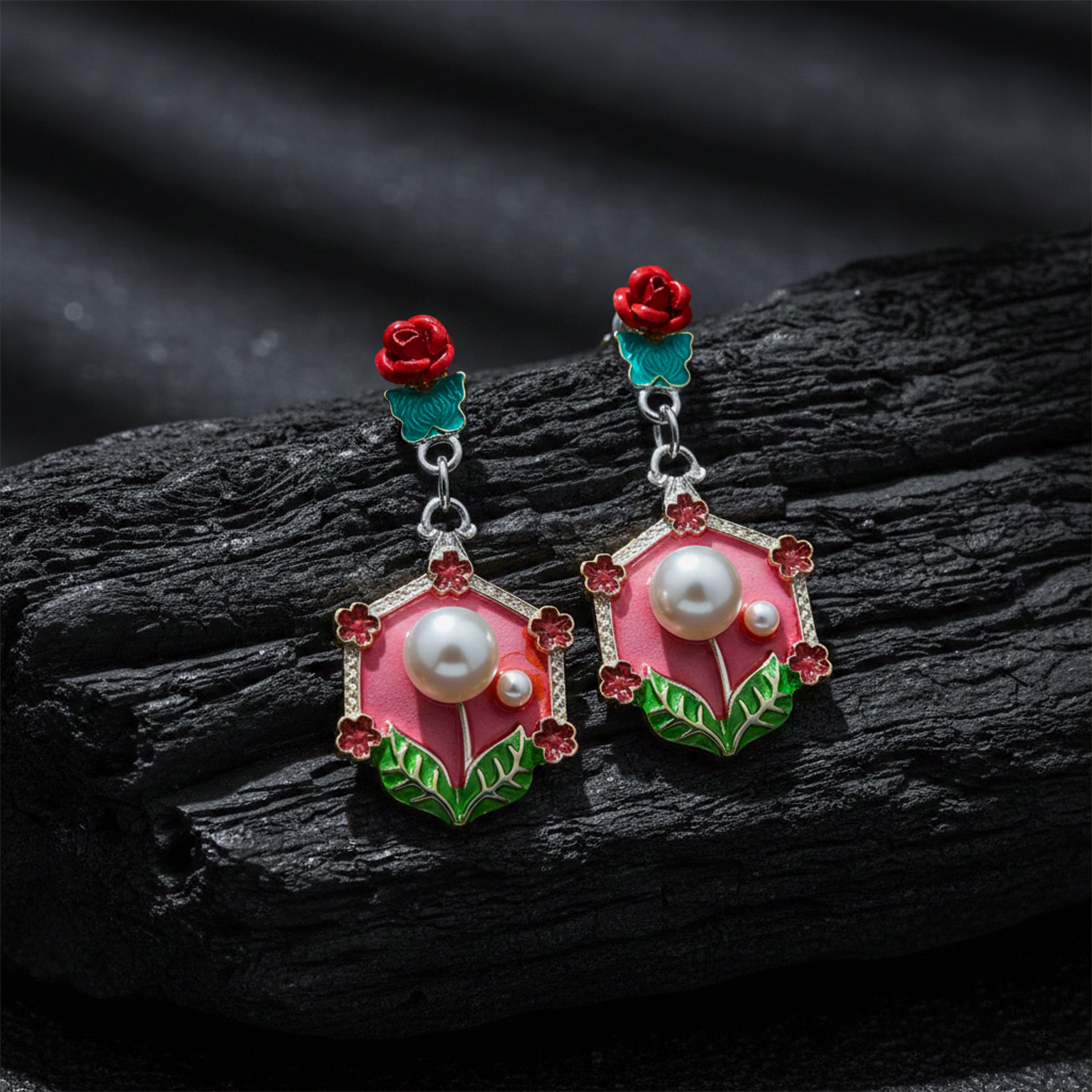 Rose Pearl Hexa Drops Earrings