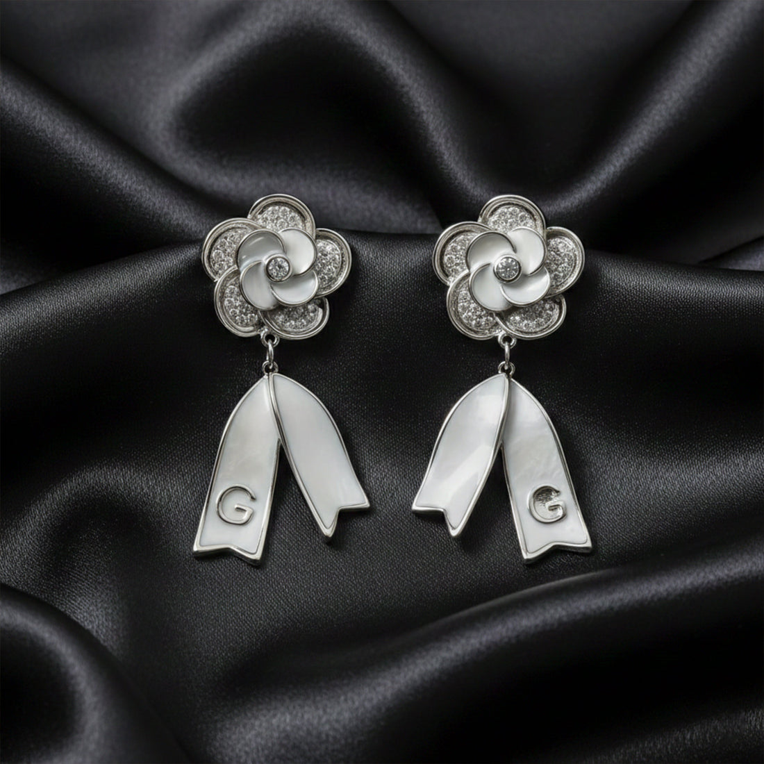Camellia Flower Pearl Dangle Earrings