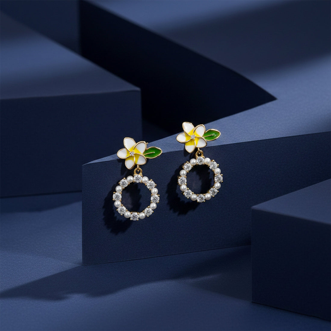 Golden Petal Pearl Circle Earrings