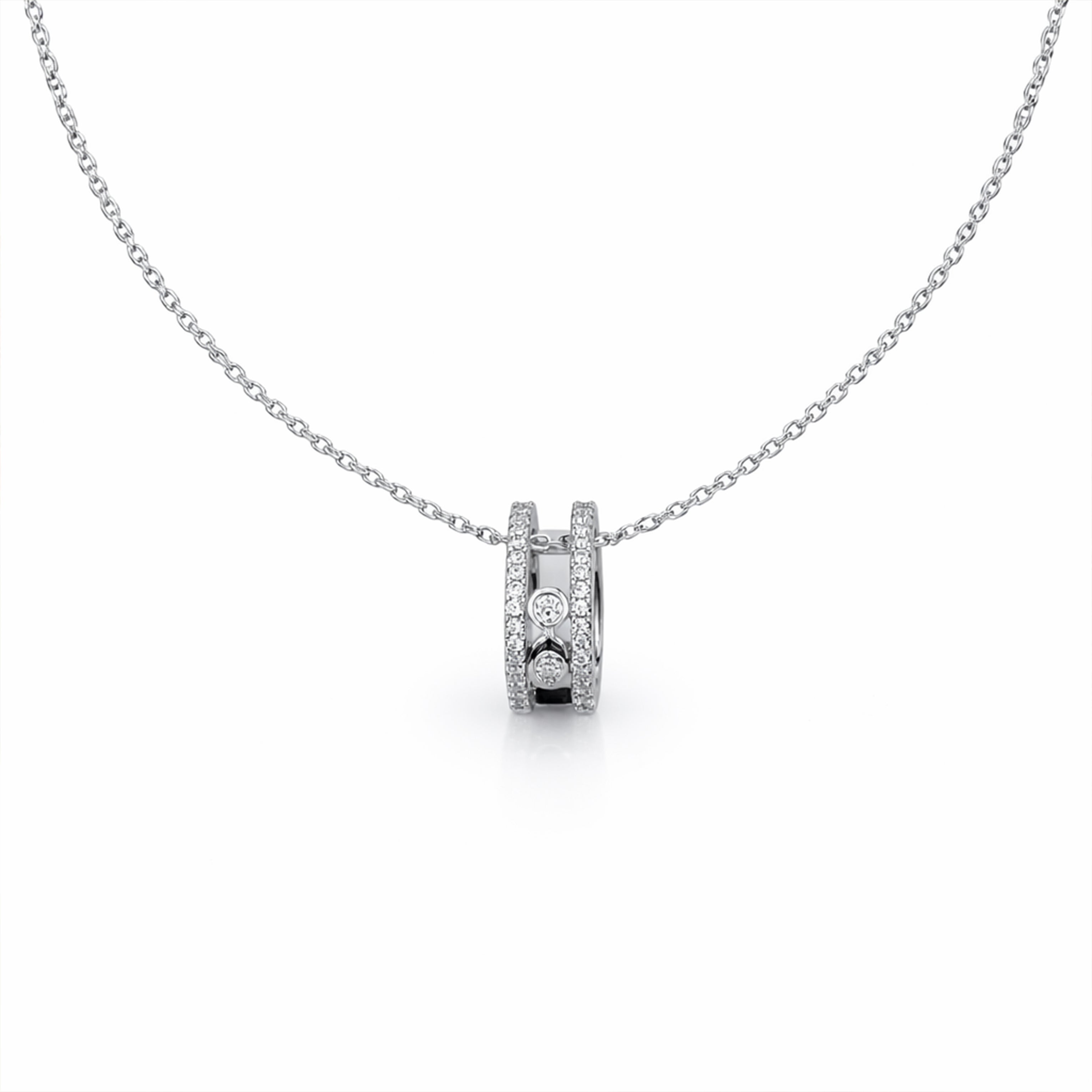 Elegant Silver Double Hoop Diamond Pendant Necklace