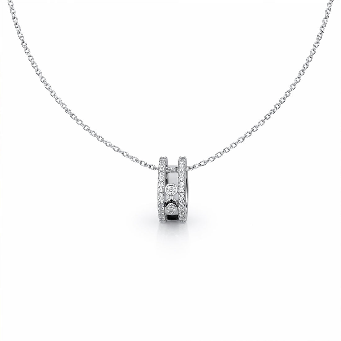 Elegant Silver Double Hoop Diamond Pendant Necklace