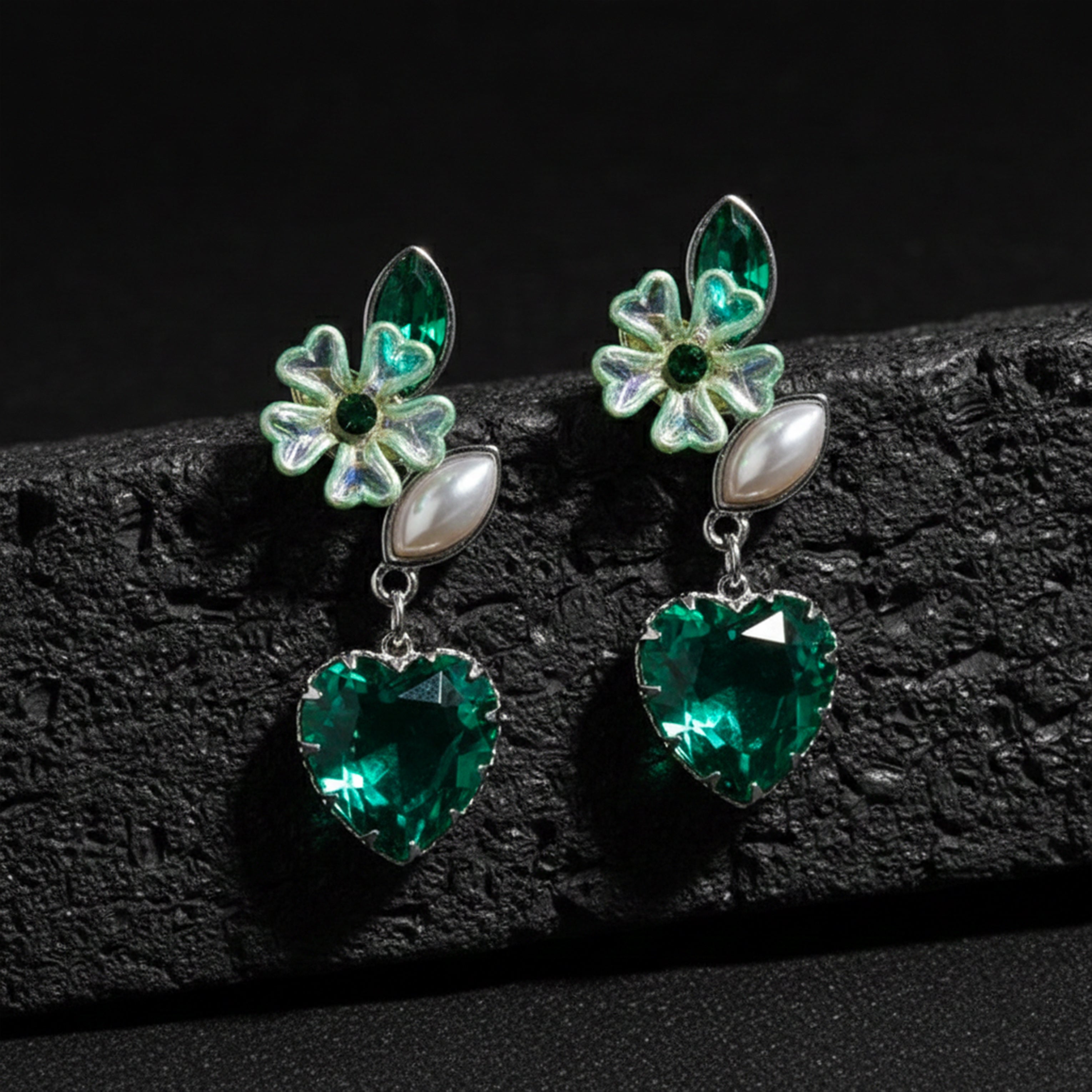 Green Luxe Floral Heart Earrings