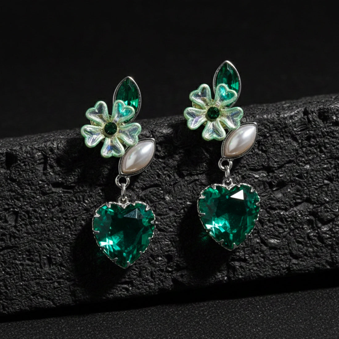 Green Luxe Floral Heart Earrings