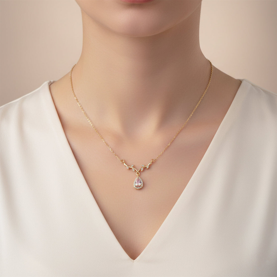 Rose Crystal Teardrop Gold Necklace