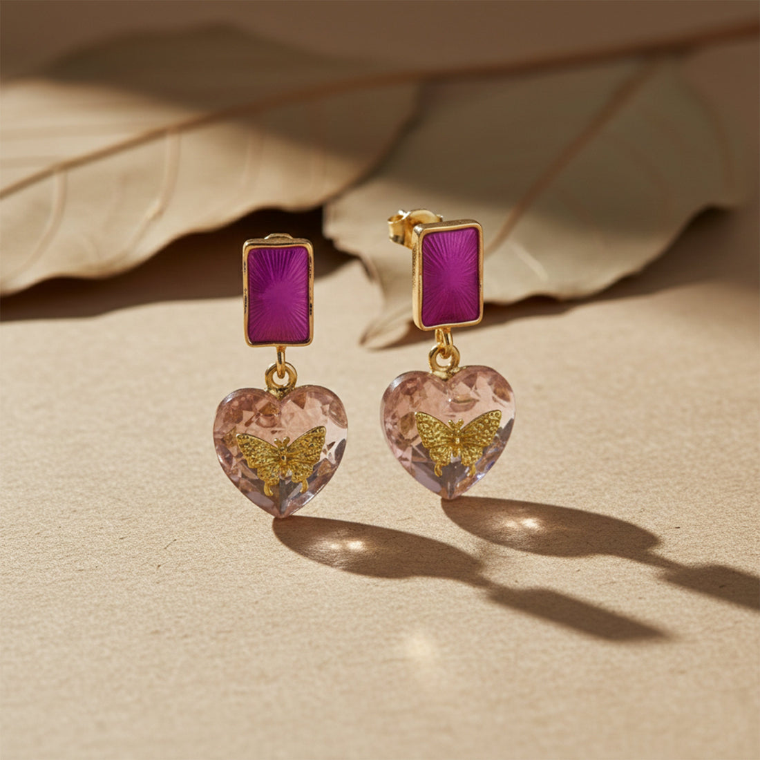 Butterfly Heart Floral Gold Earrings