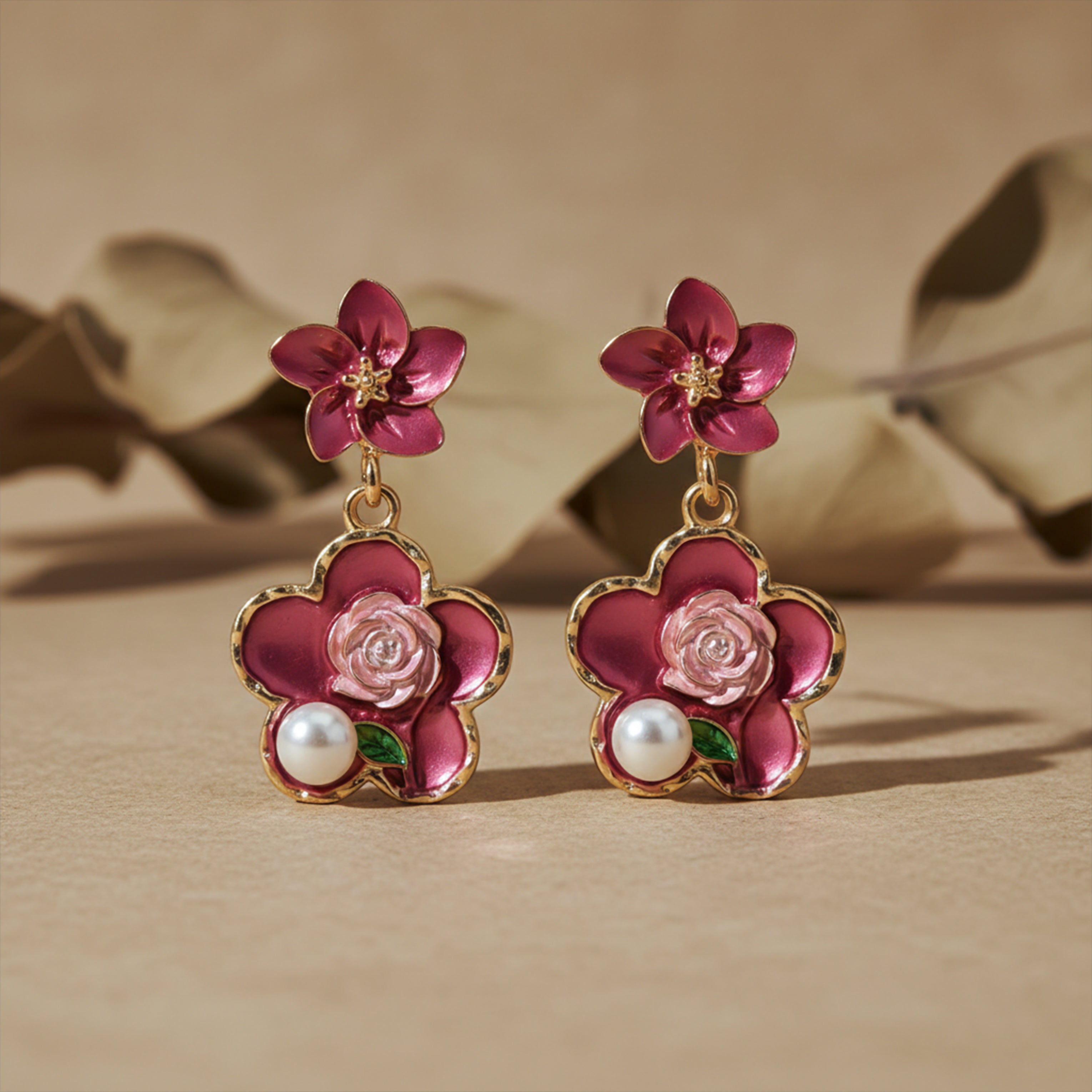 Rose Charm Pearl Drops Earrings