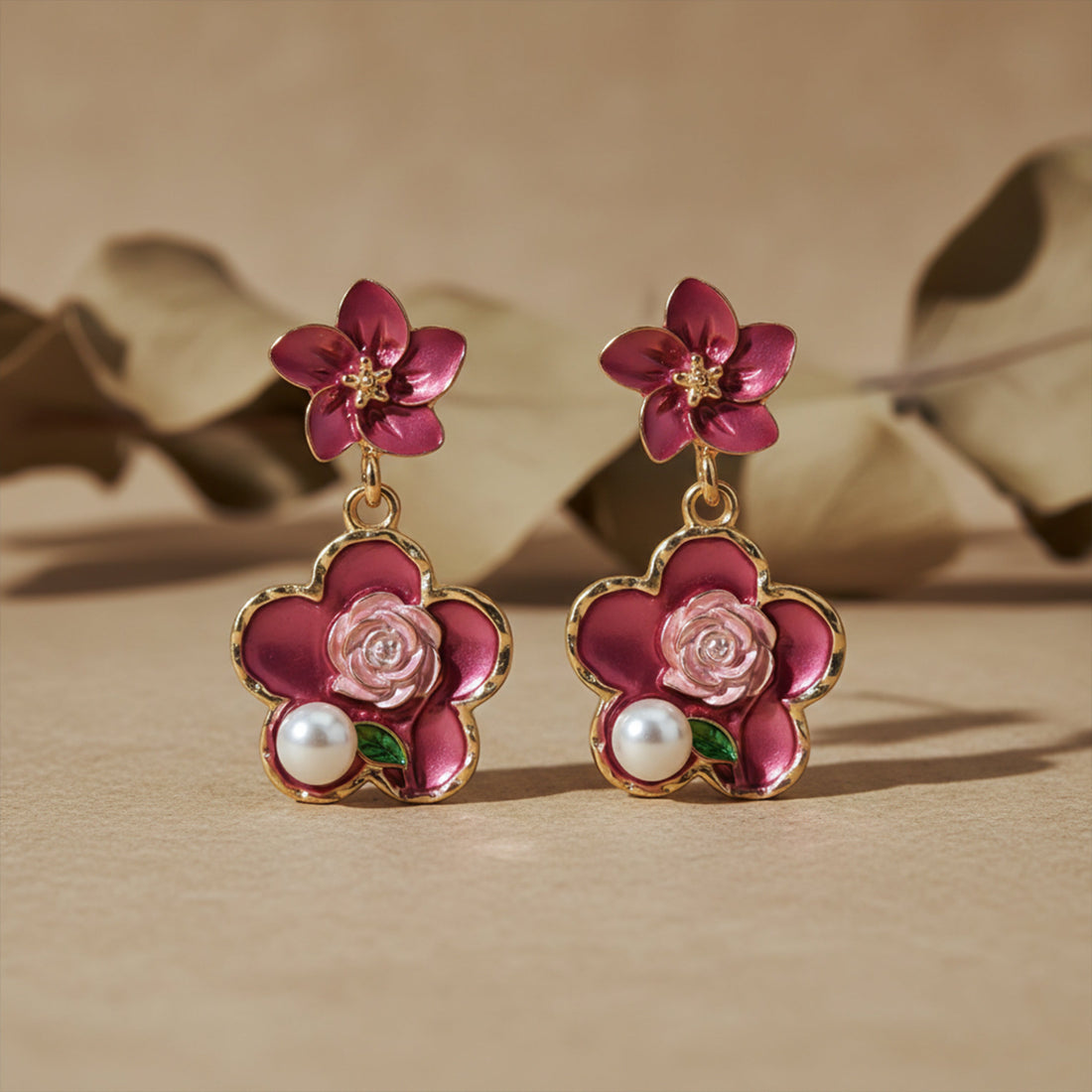 Rose Charm Pearl Drops Earrings