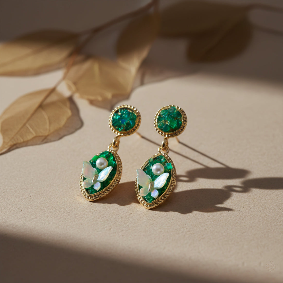 Luxe Botanical Emerald Pearl Earrings