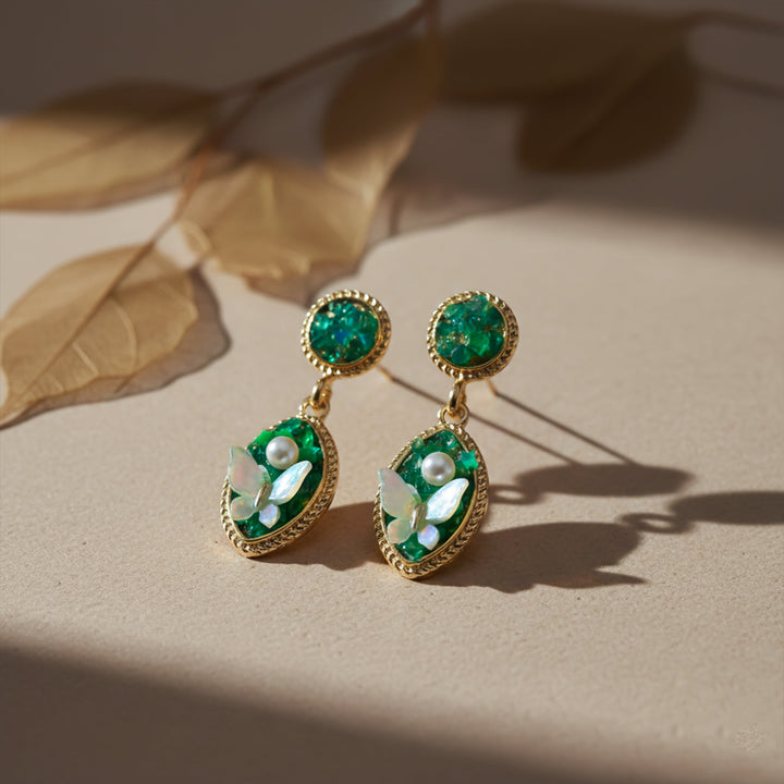 Luxe Botanical Emerald Pearl Earrings