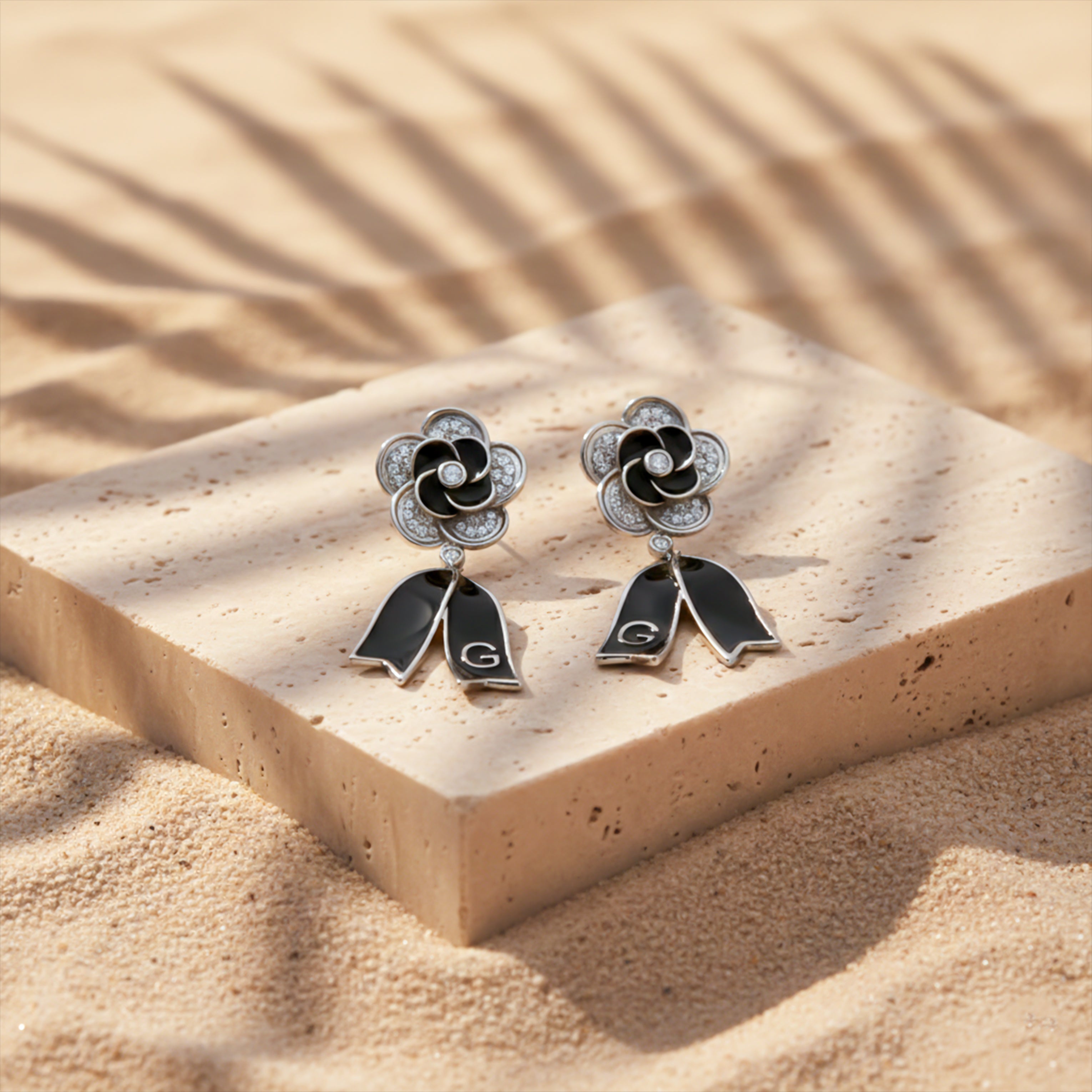 Black Enamel Blossom Drop Earrings
