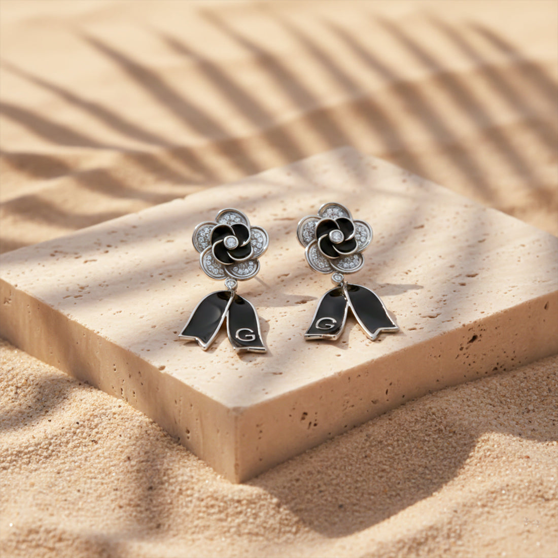 Black Enamel Blossom Drop Earrings