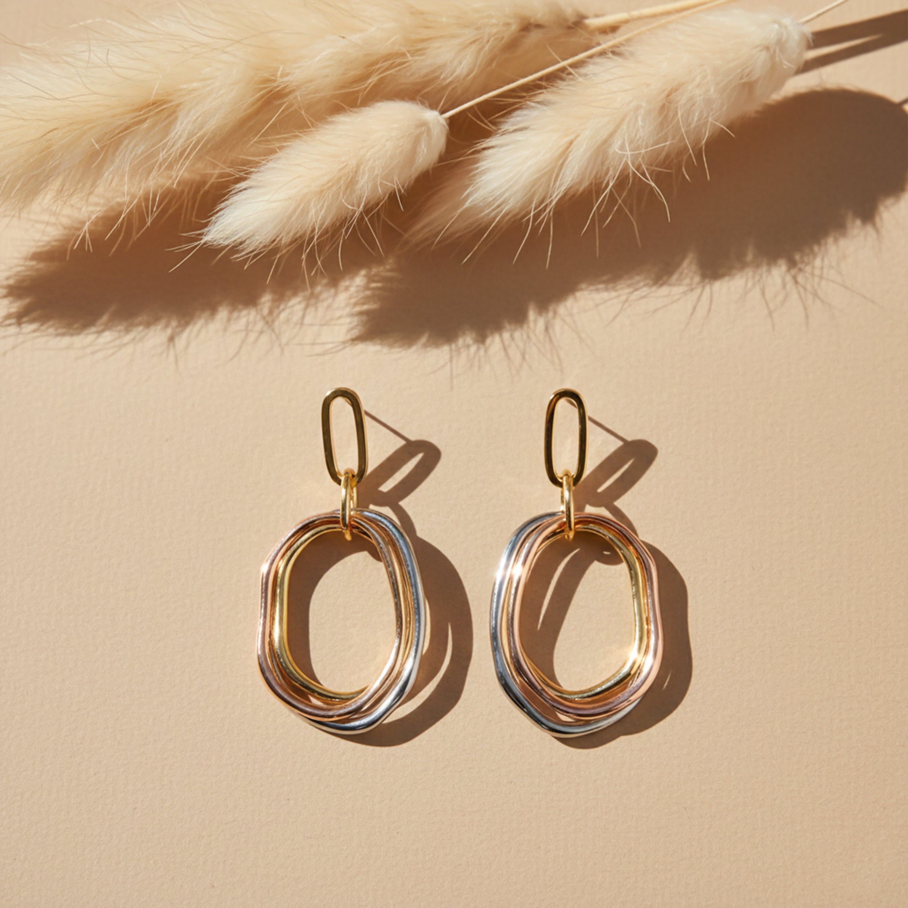 Tri-Tone Layered Oval Statement Earrings