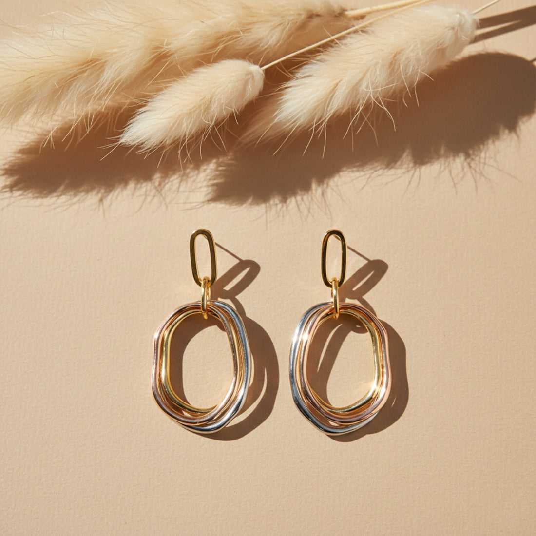 Tri-Tone Layered Oval Statement Earrings