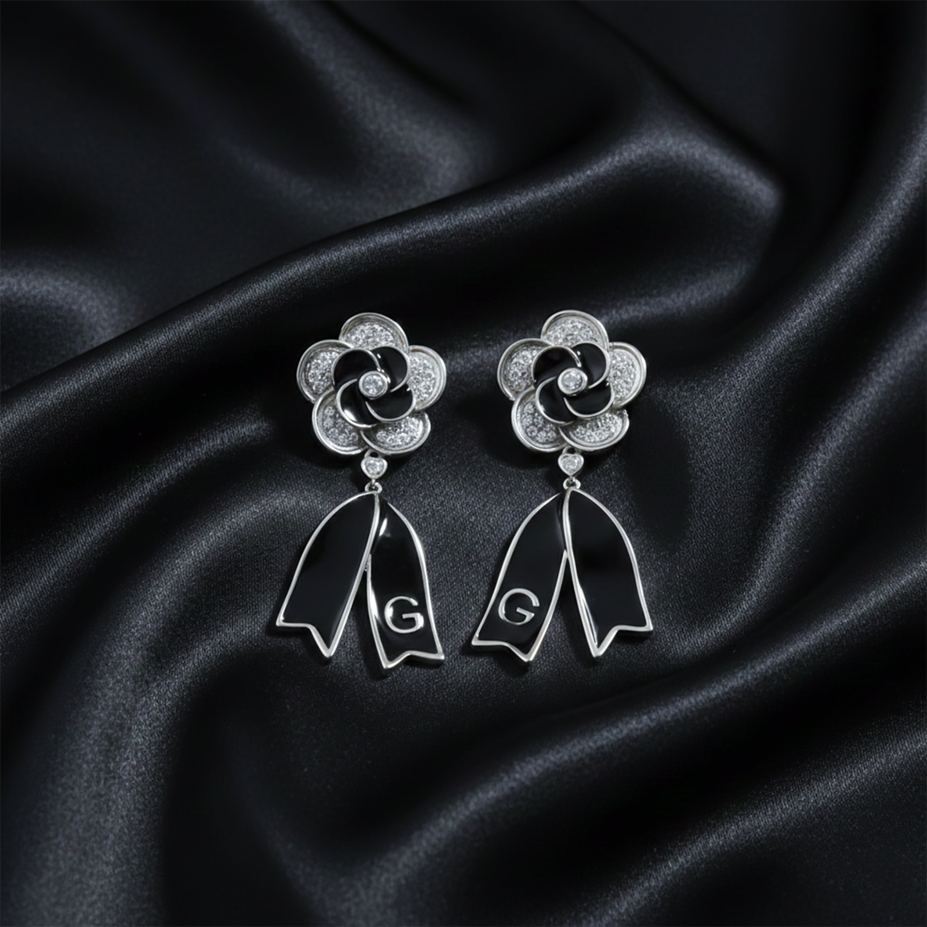 Black Enamel Blossom Drop Earrings