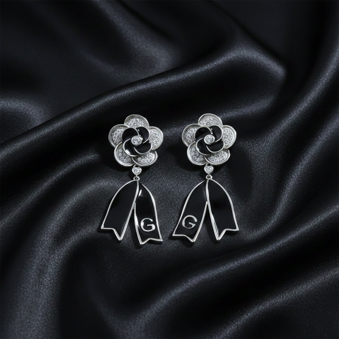 Black Enamel Blossom Drop Earrings