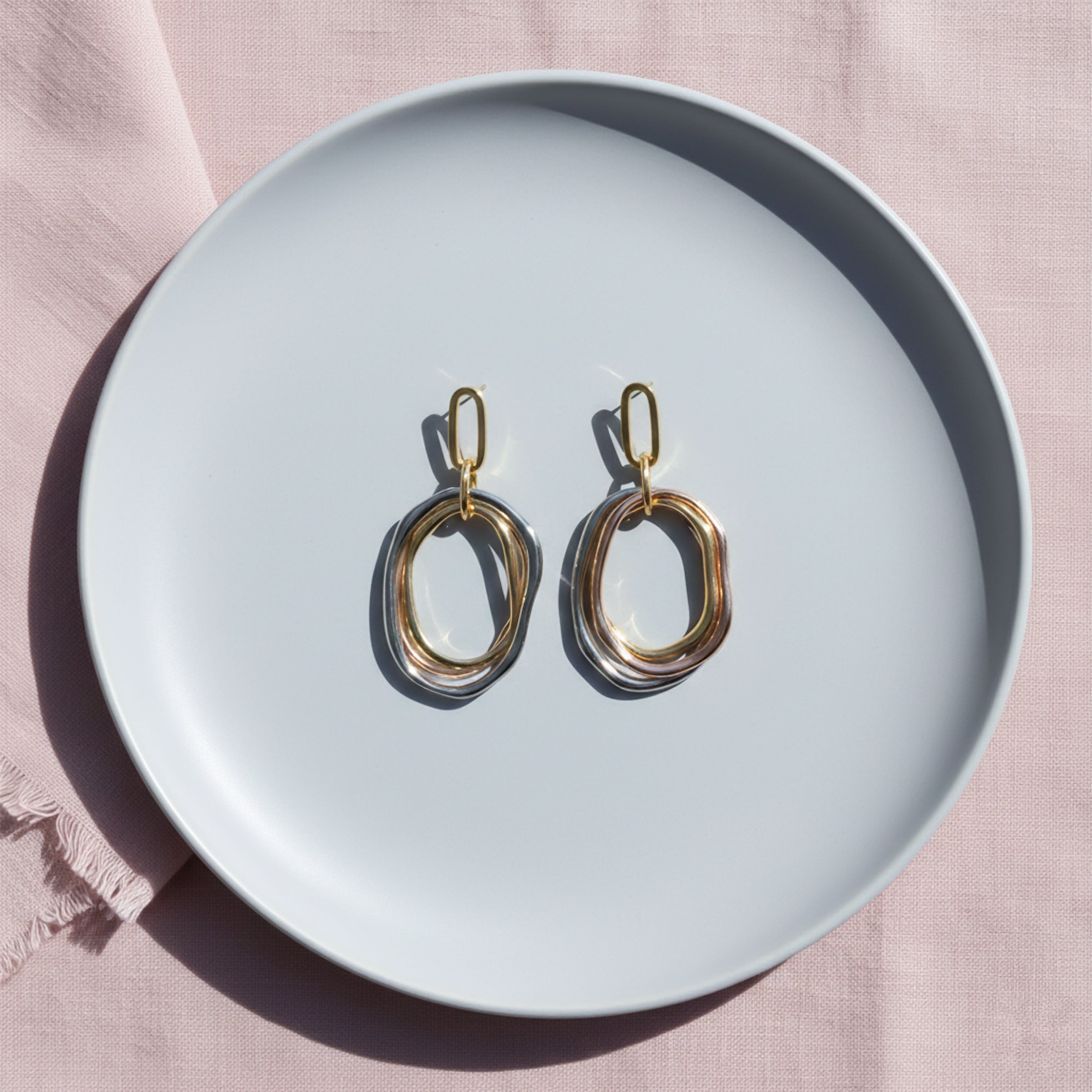 Tri-Tone Layered Oval Statement Earrings