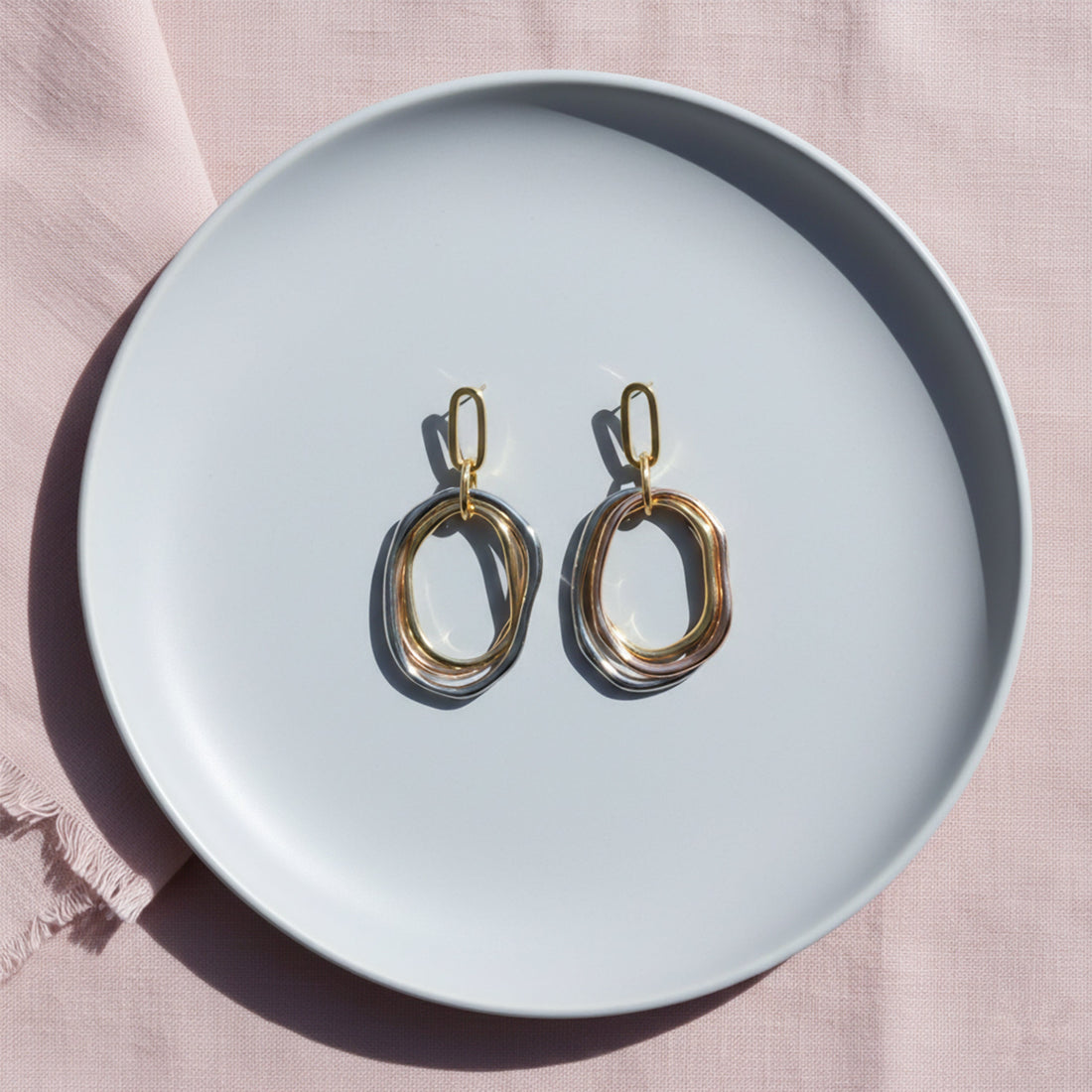 Tri-Tone Layered Oval Statement Earrings