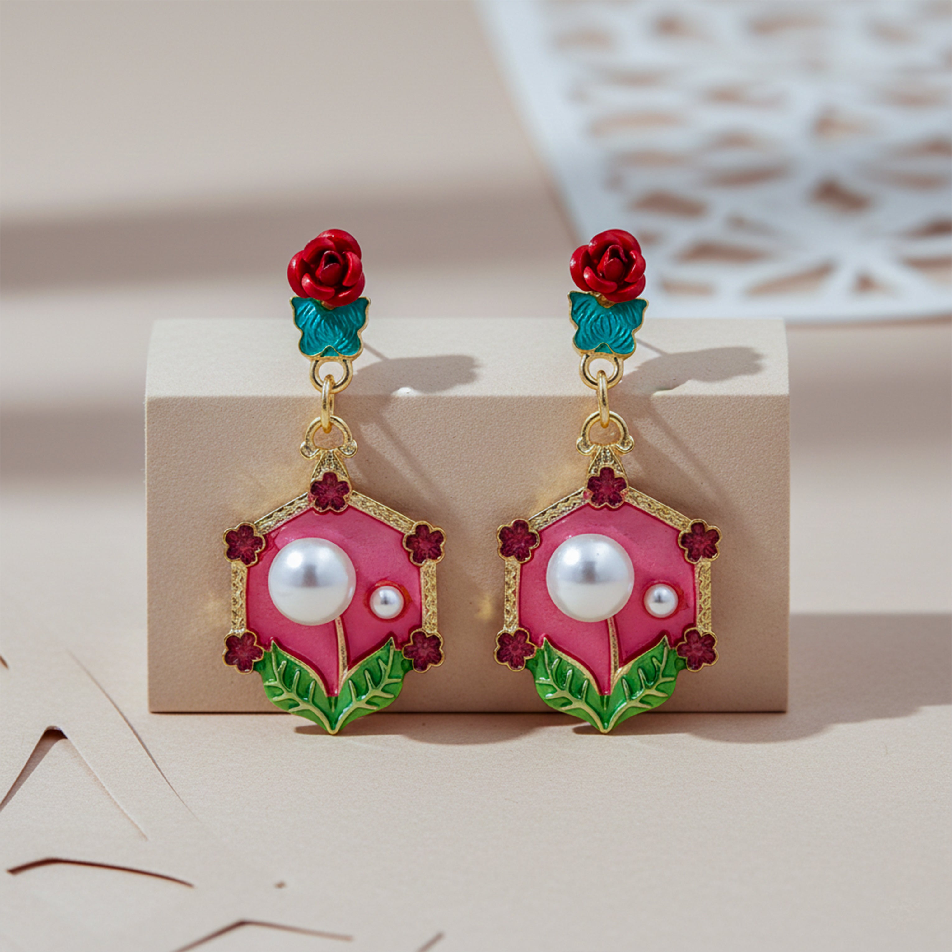Rose Pearl Hexa Drops Earrings