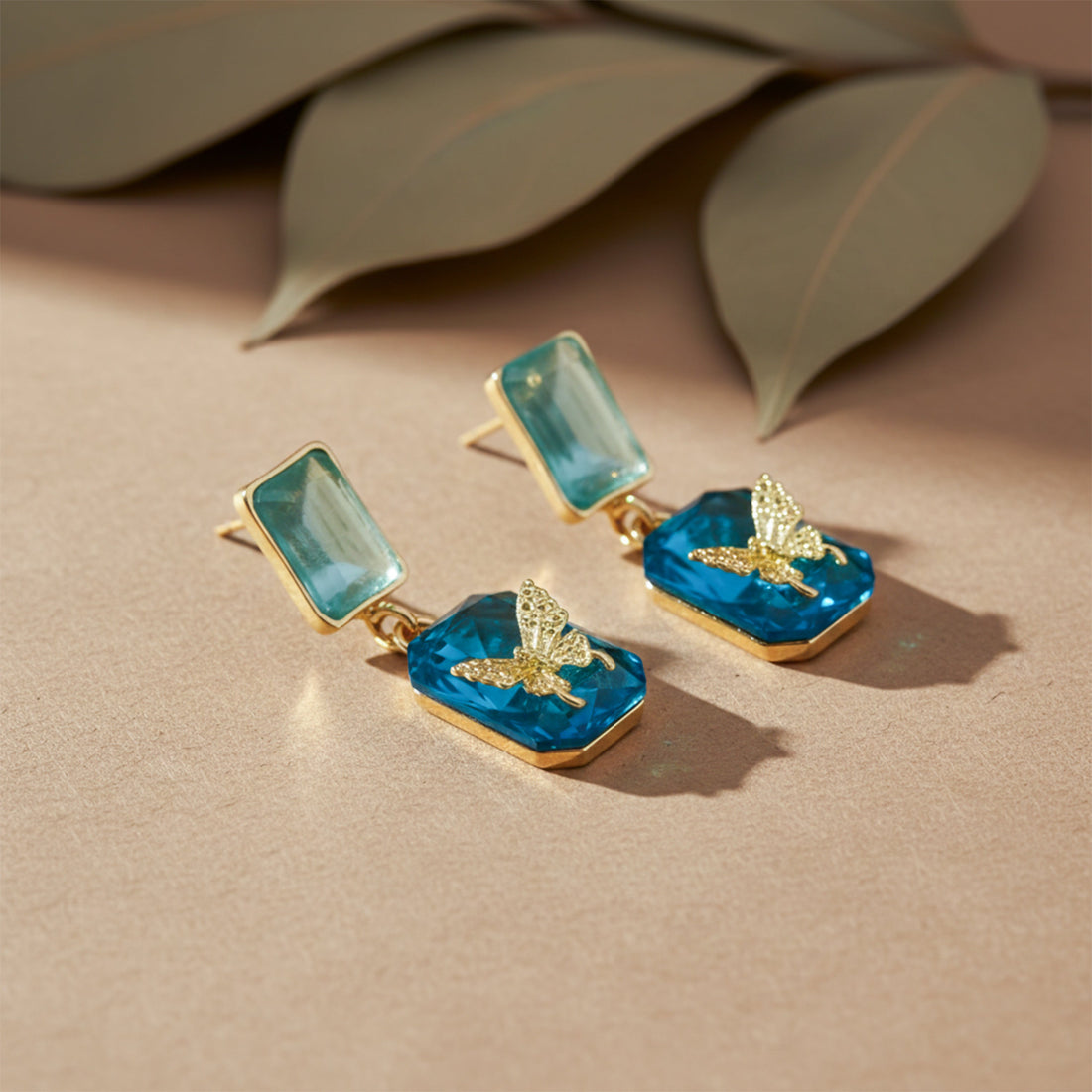 Blue Crystal Butterfly Drop Earrings