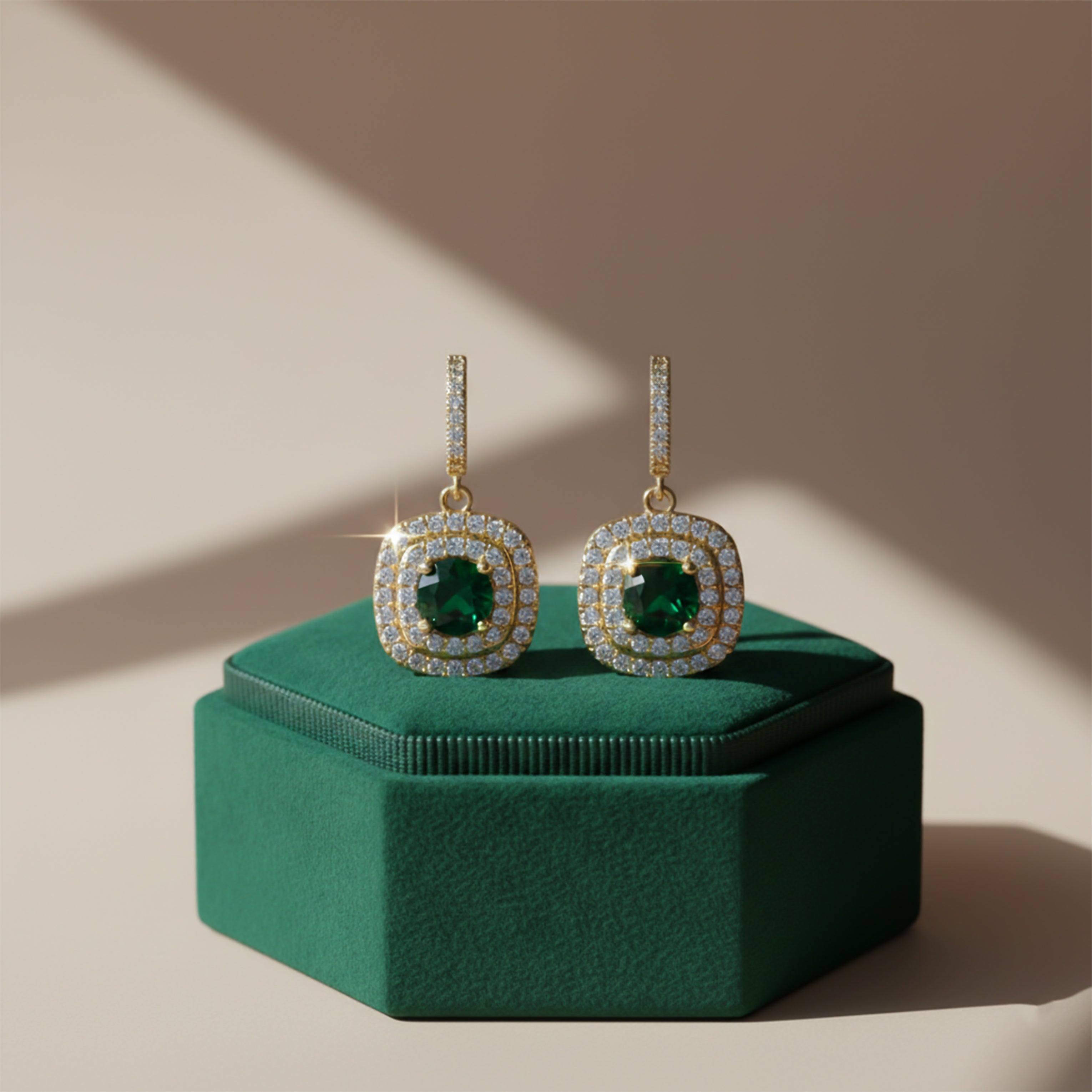 Classic Emerald Halo Gold Earrings