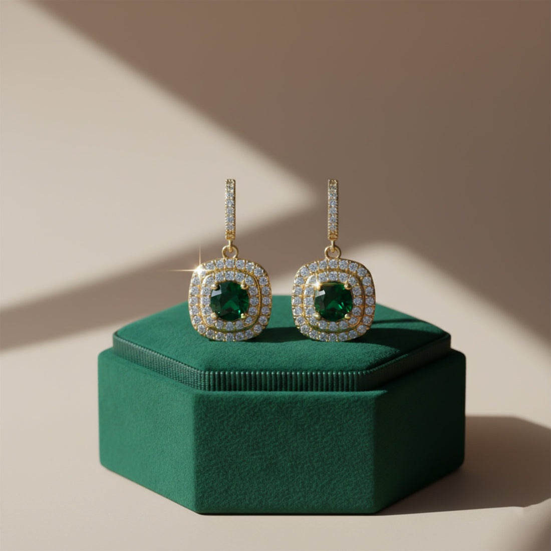 Classic Emerald Halo Gold Earrings