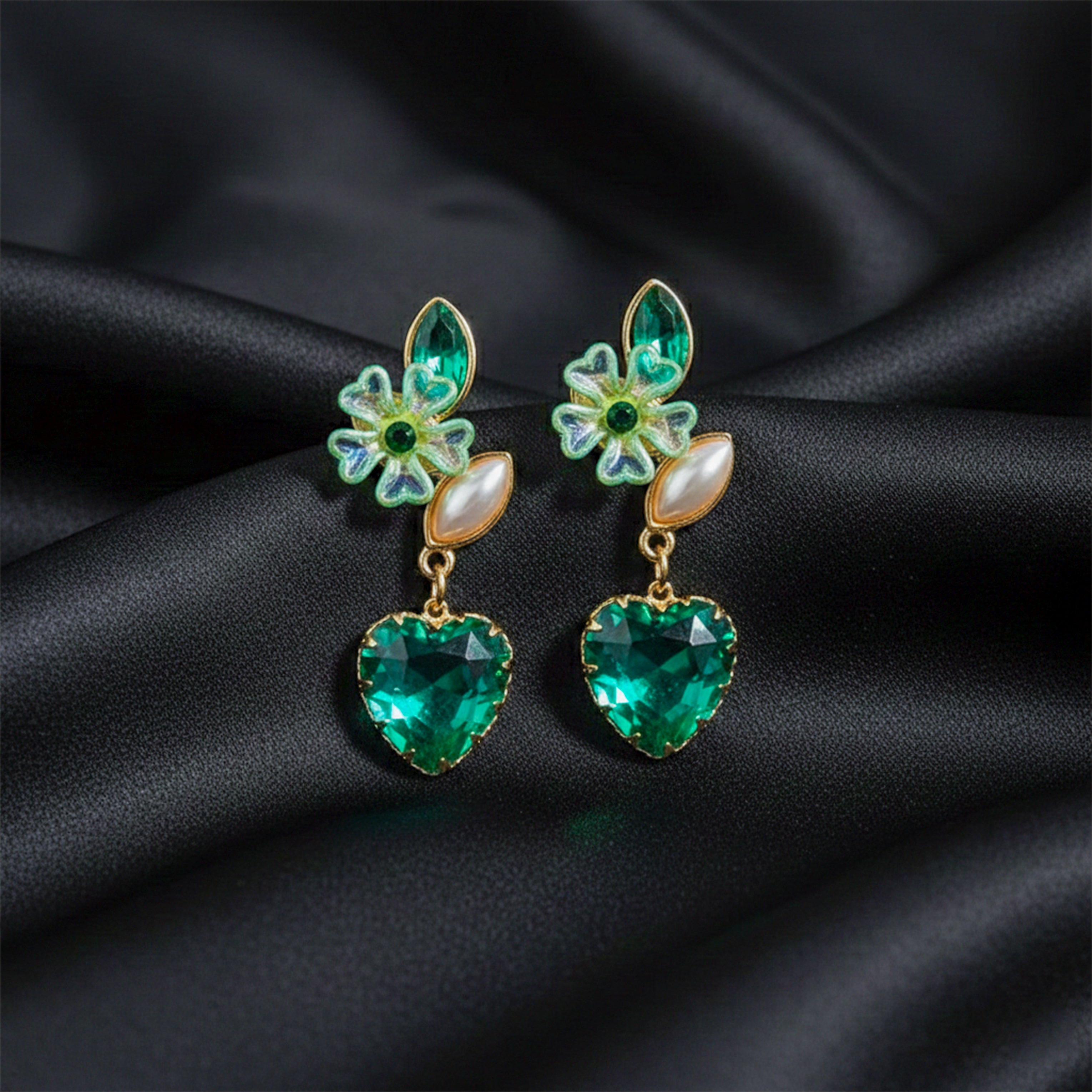 Green Luxe Floral Heart Earrings