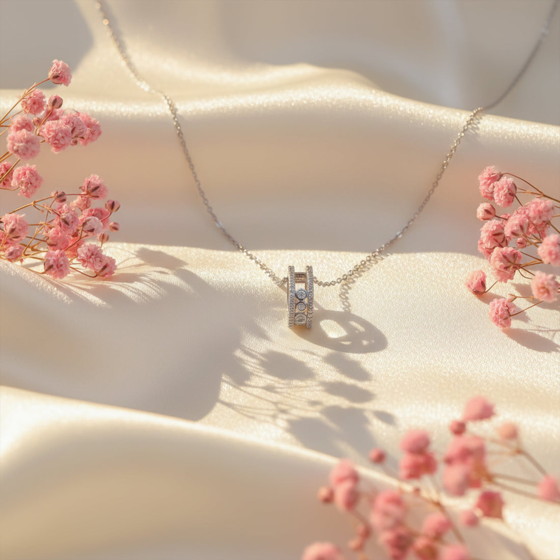 Elegant Silver Double Hoop Diamond Pendant Necklace