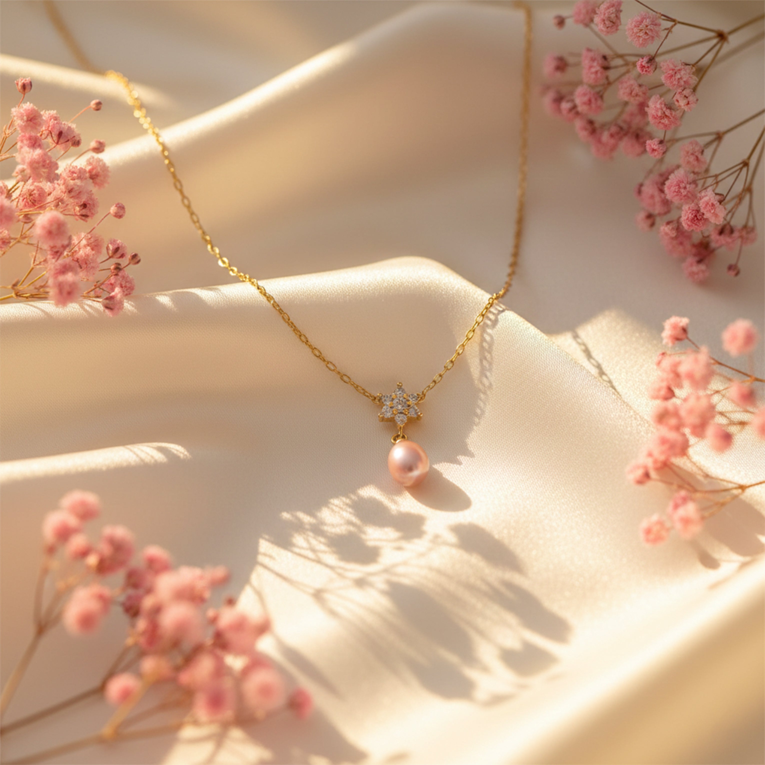 Floral Pink Pearl Drop Pendant Necklace