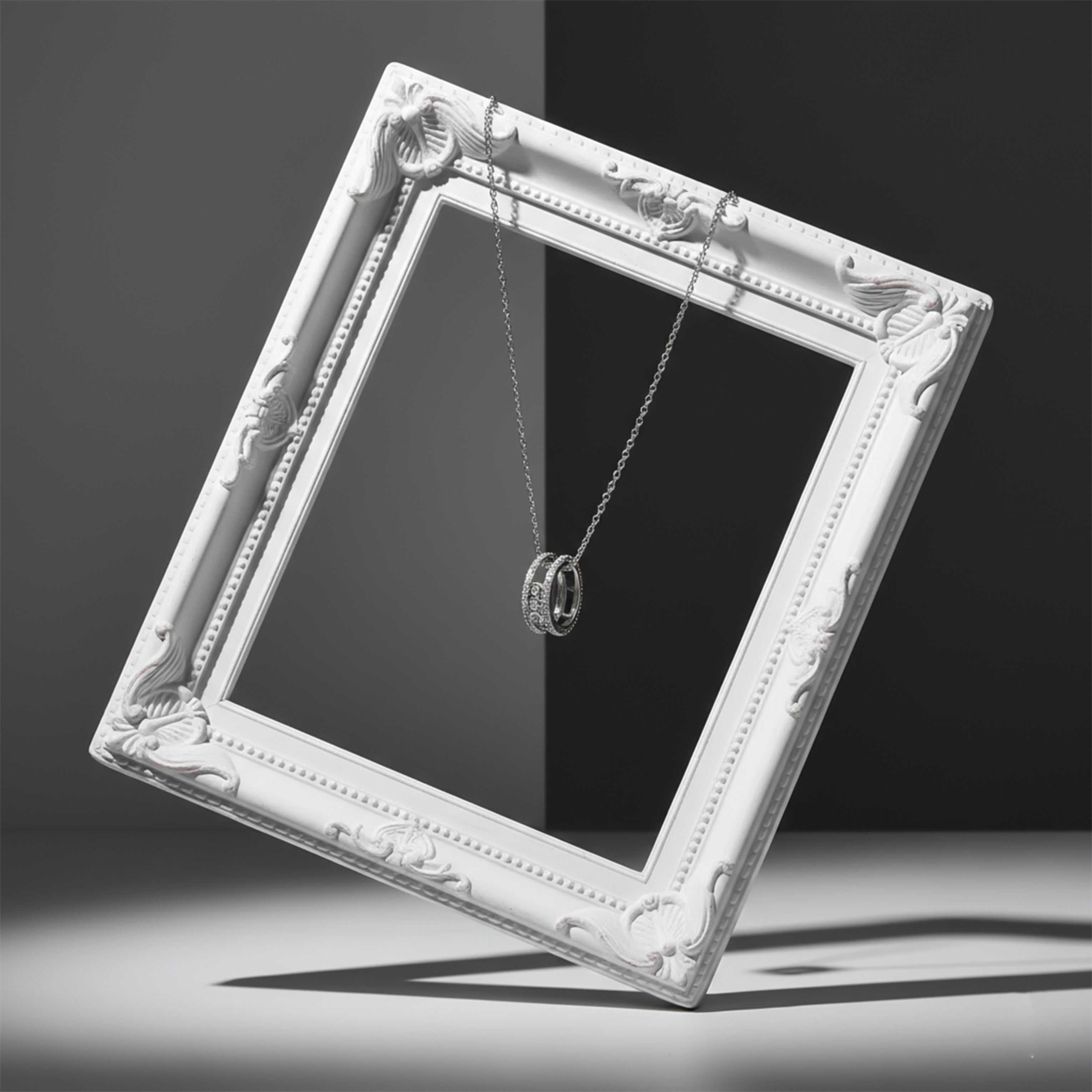 Elegant Silver Double Hoop Diamond Pendant Necklace