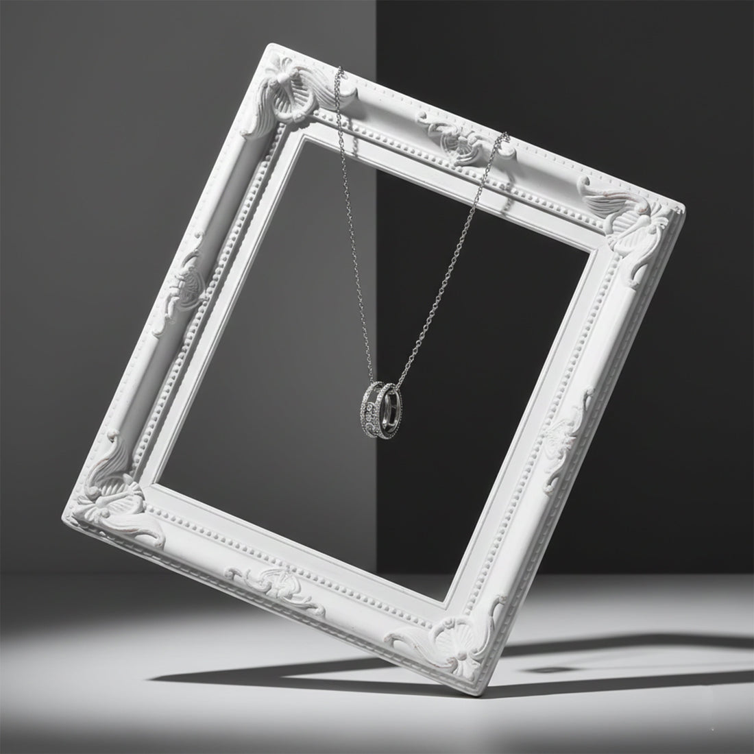 Elegant Silver Double Hoop Diamond Pendant Necklace
