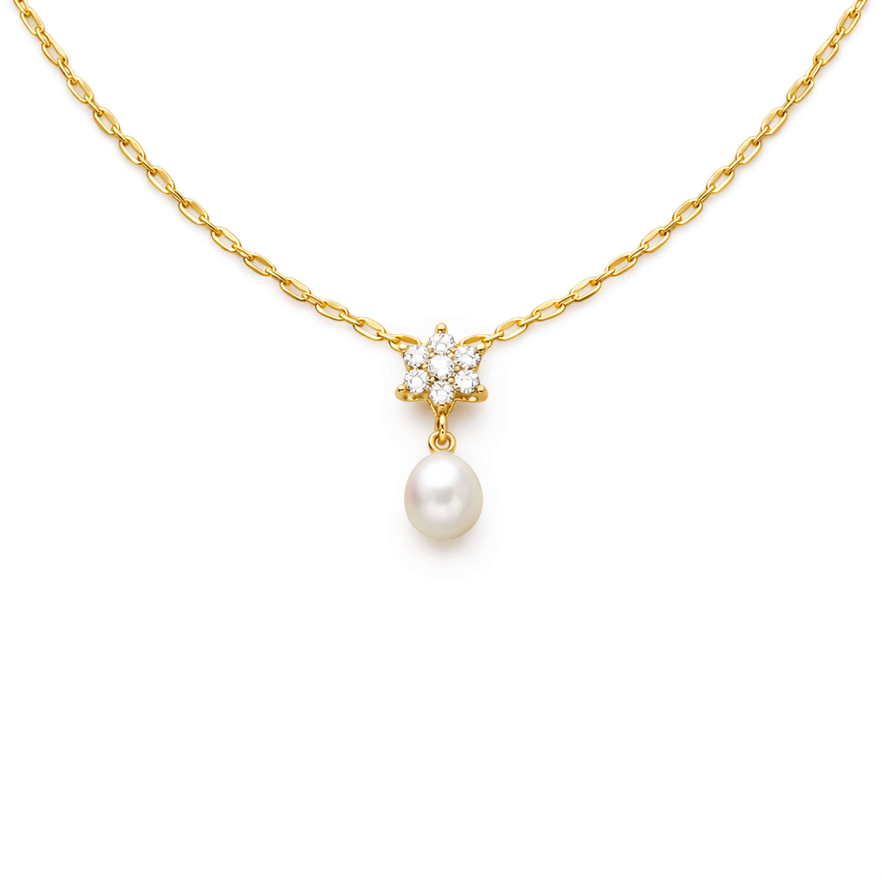 Floral Diamond Pearl Drop Gold Necklace