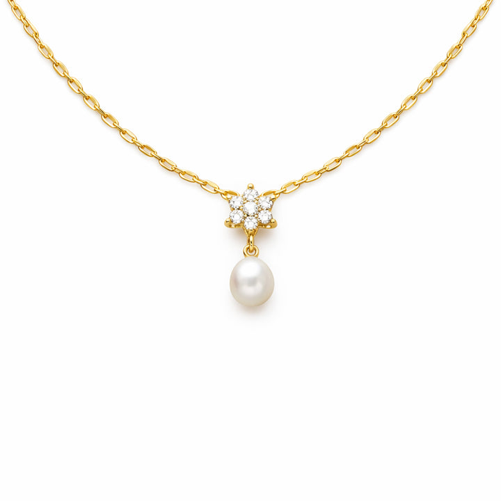 Floral Diamond Pearl Drop Gold Necklace