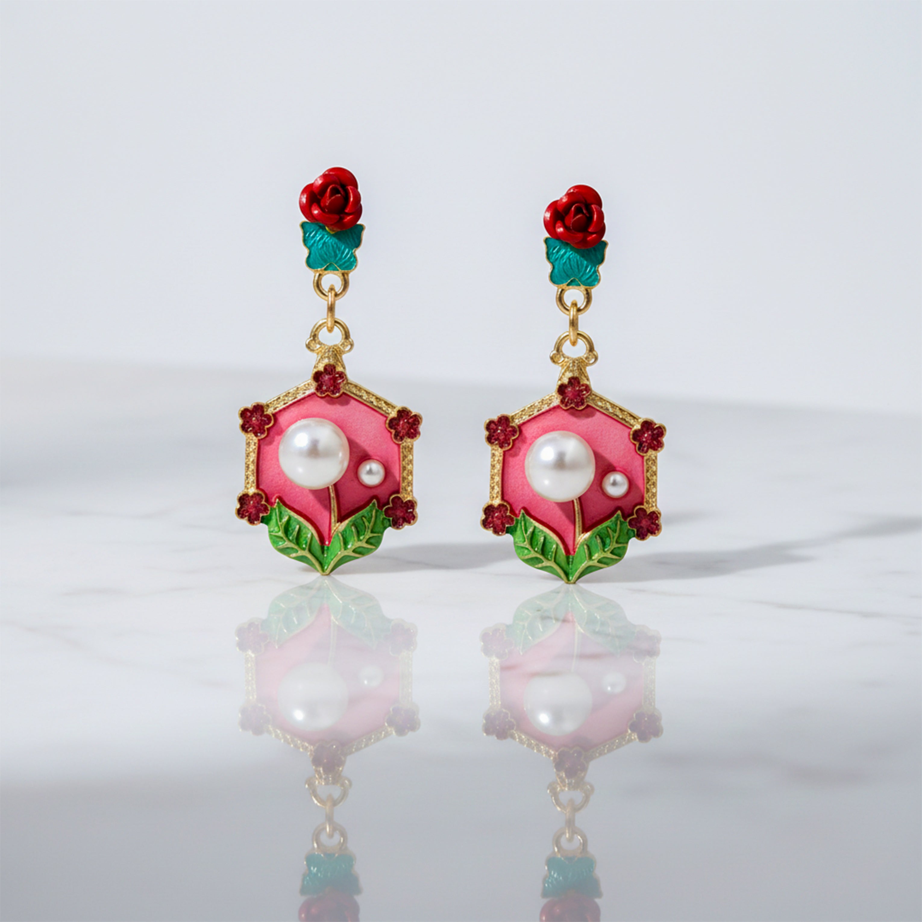 Rose Pearl Hexa Drops Earrings