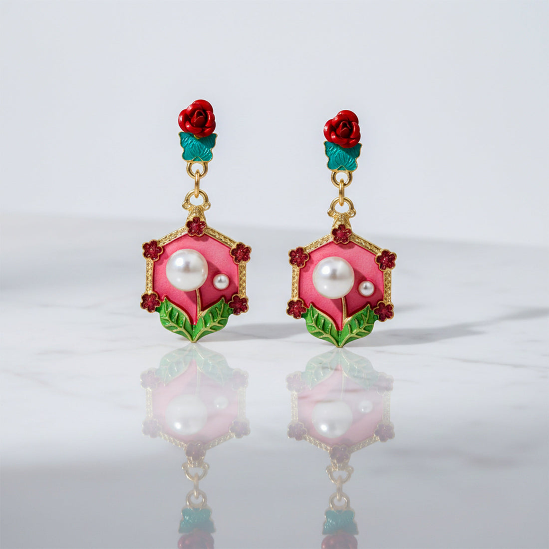 Rose Pearl Hexa Drops Earrings