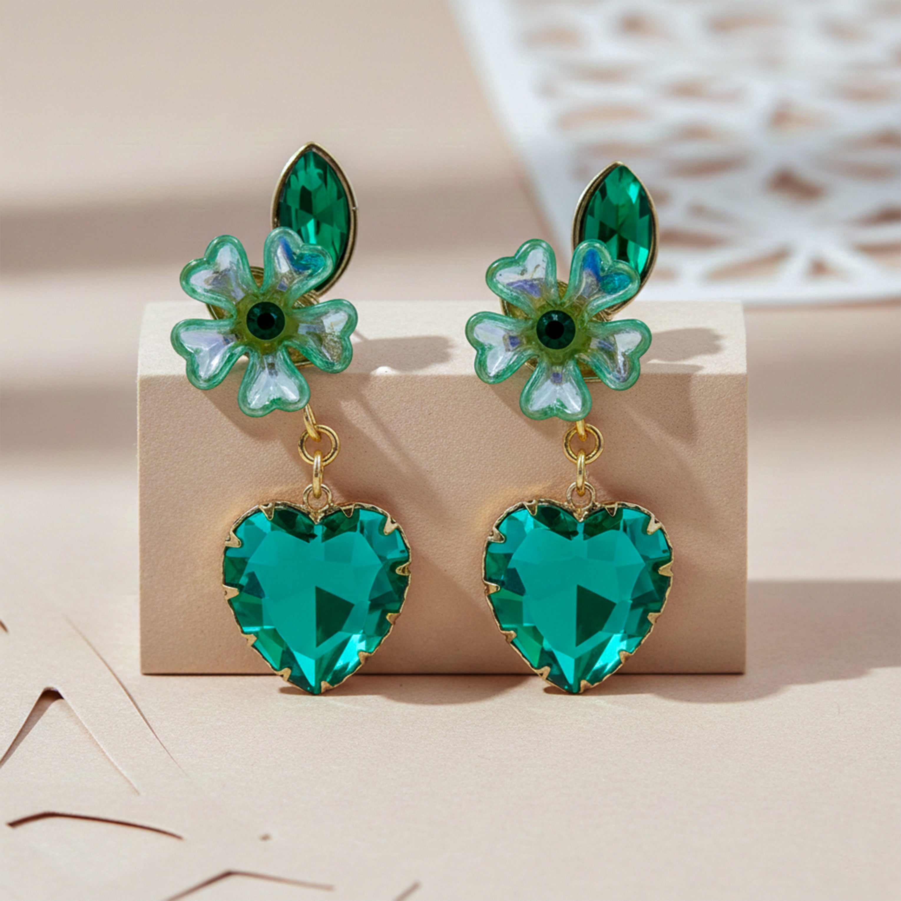 Green Luxe Floral Heart Earrings