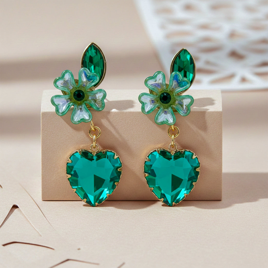 Green Luxe Floral Heart Earrings