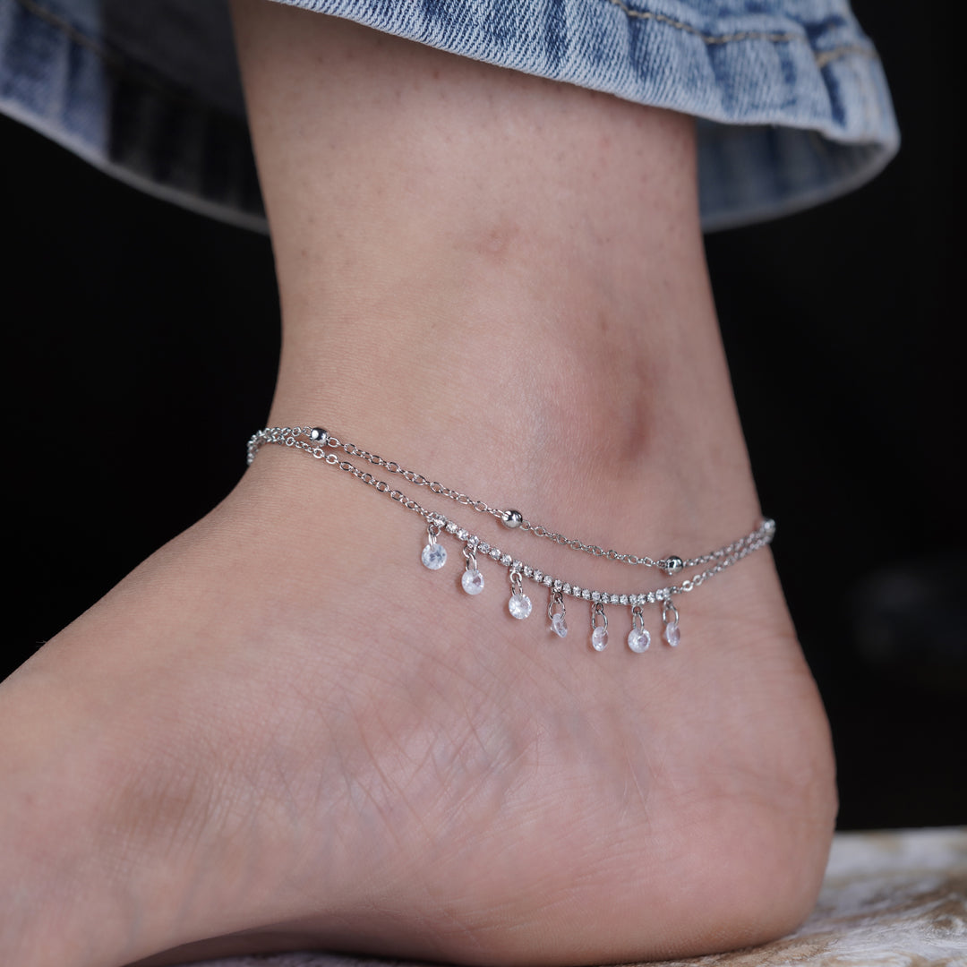 Dainty Crystal Dangle Silver Anklet