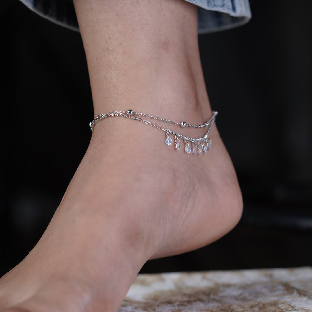 Dainty Crystal Dangle Silver Anklet