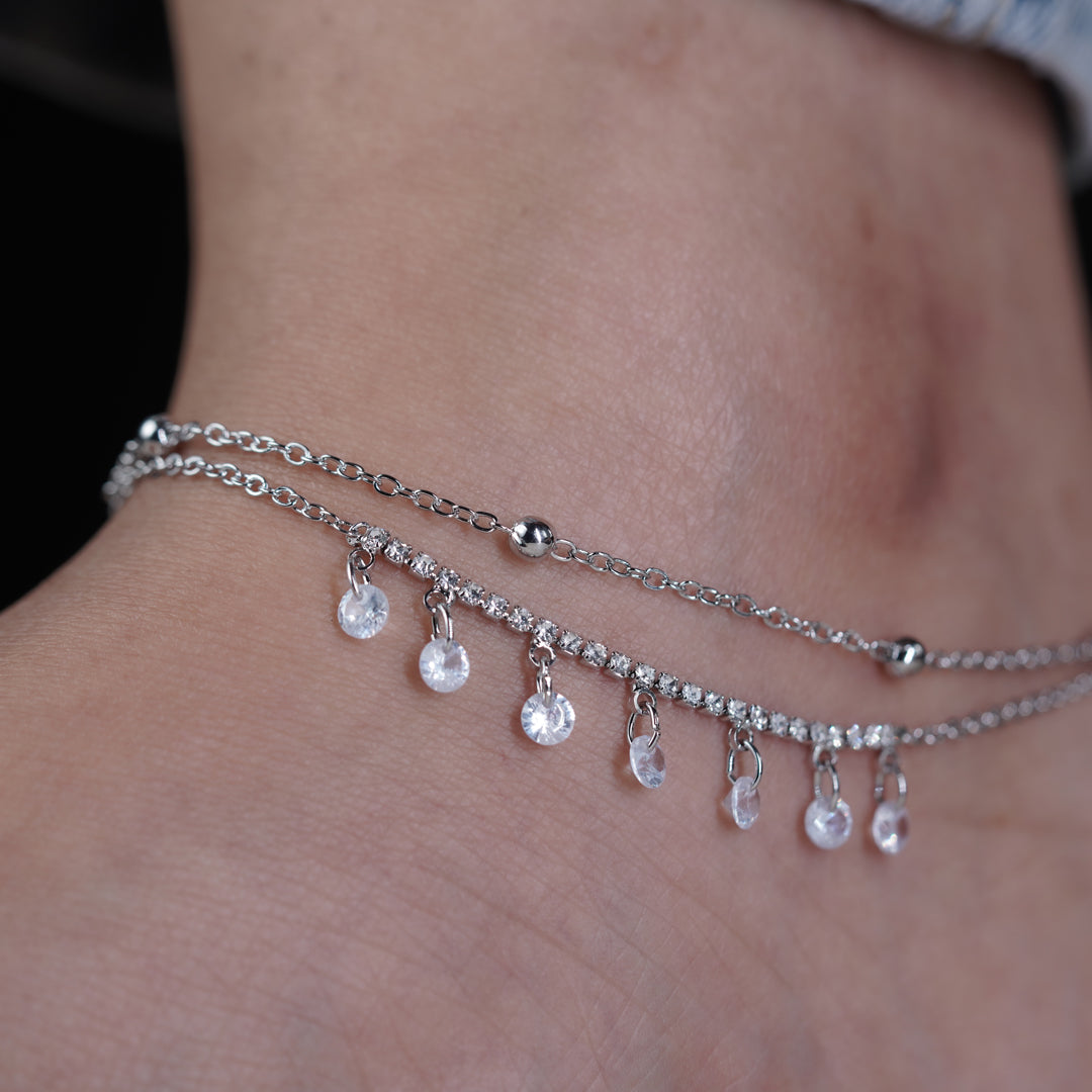 Dainty Crystal Dangle Silver Anklet