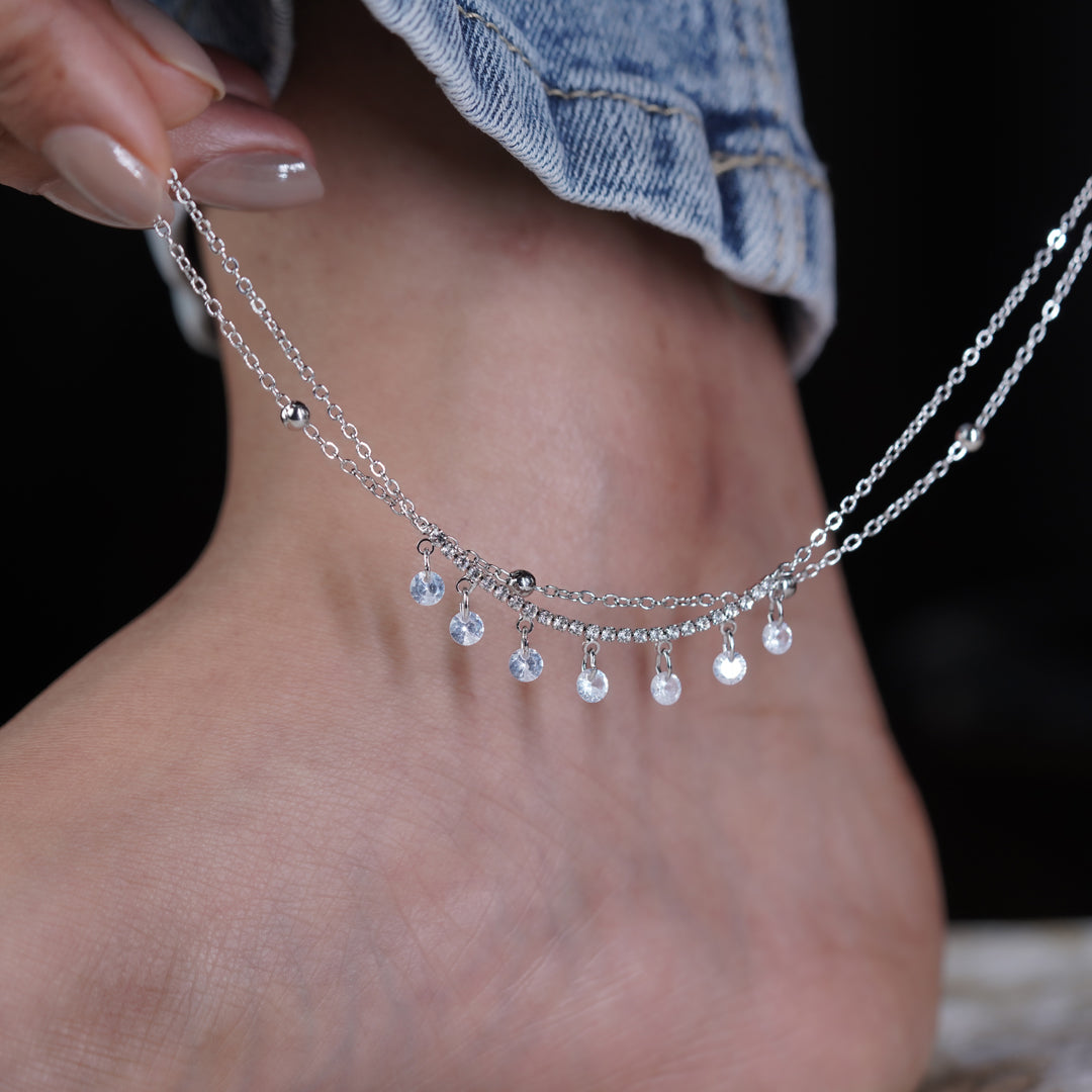 Dainty Crystal Dangle Silver Anklet