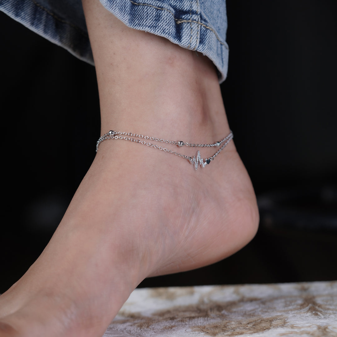 Silver Heartbeat Charm Anklet
