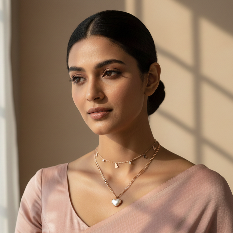 Woman wearing a necklace with a heart pendant in a softly lit room