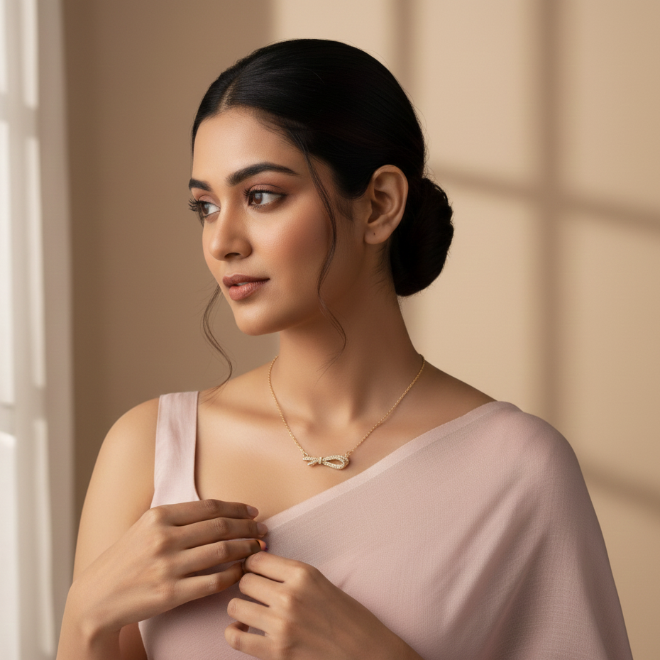 Woman in a light pink saree with a neutral background