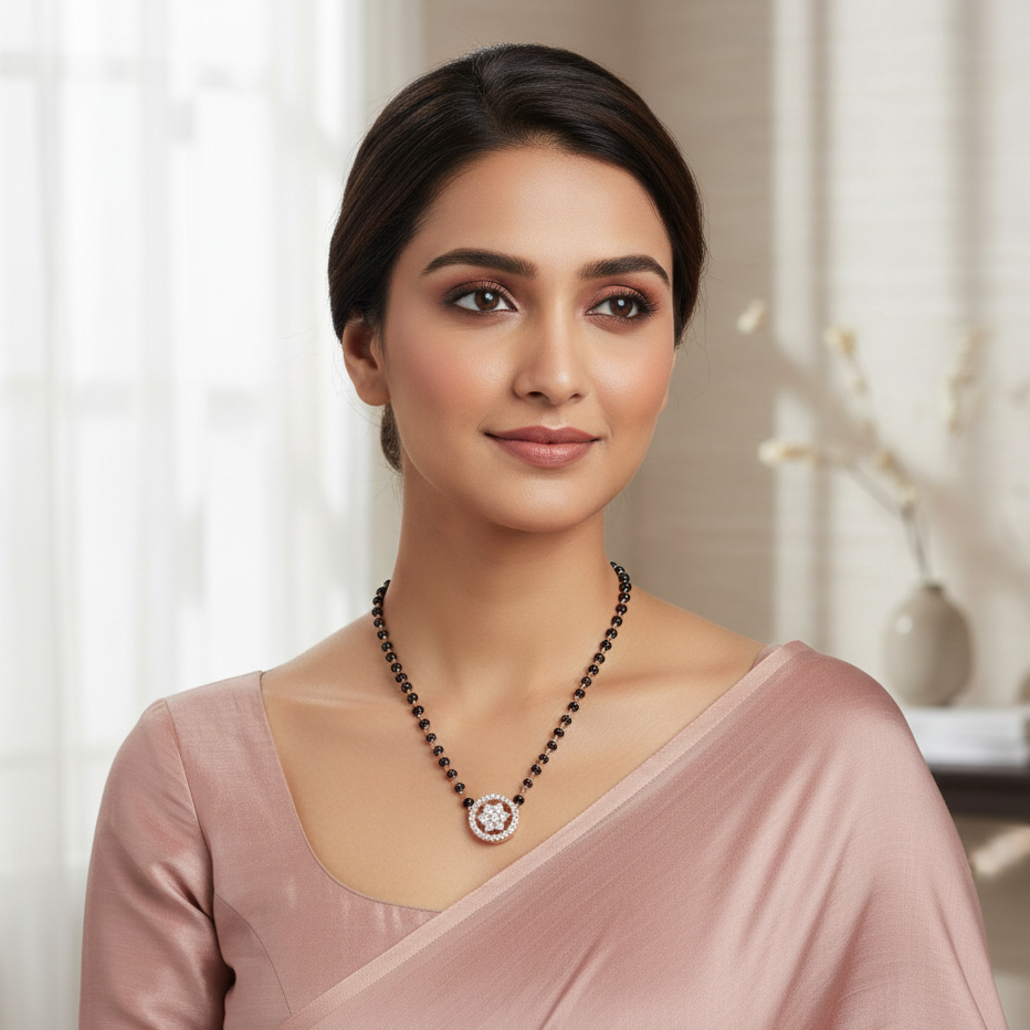 Woman wearing a necklace with a blurred background