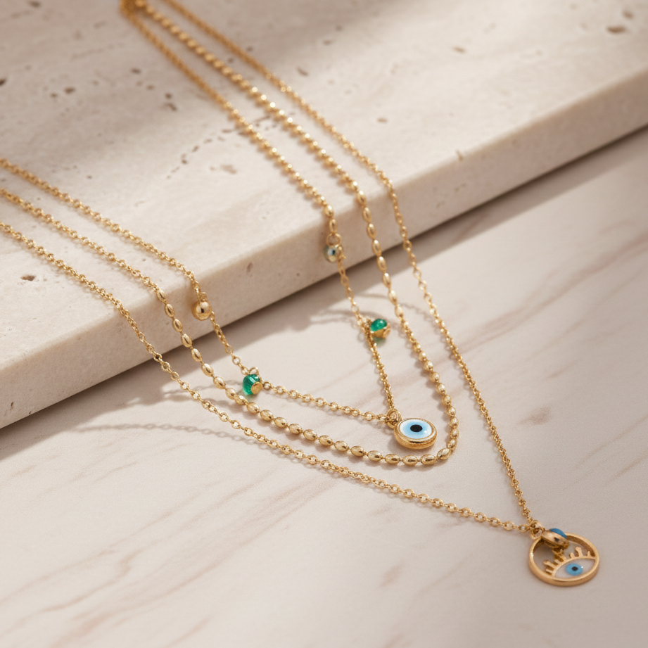 Gold necklaces with eye-shaped pendants on a light stone surface