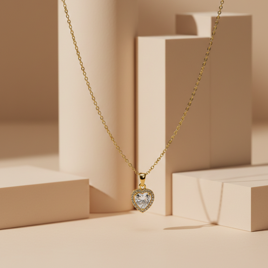 Crystal Heart Pendant Gold Necklace