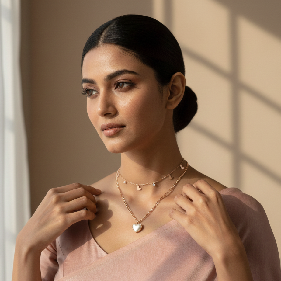 Woman wearing gold necklaces in a softly lit room