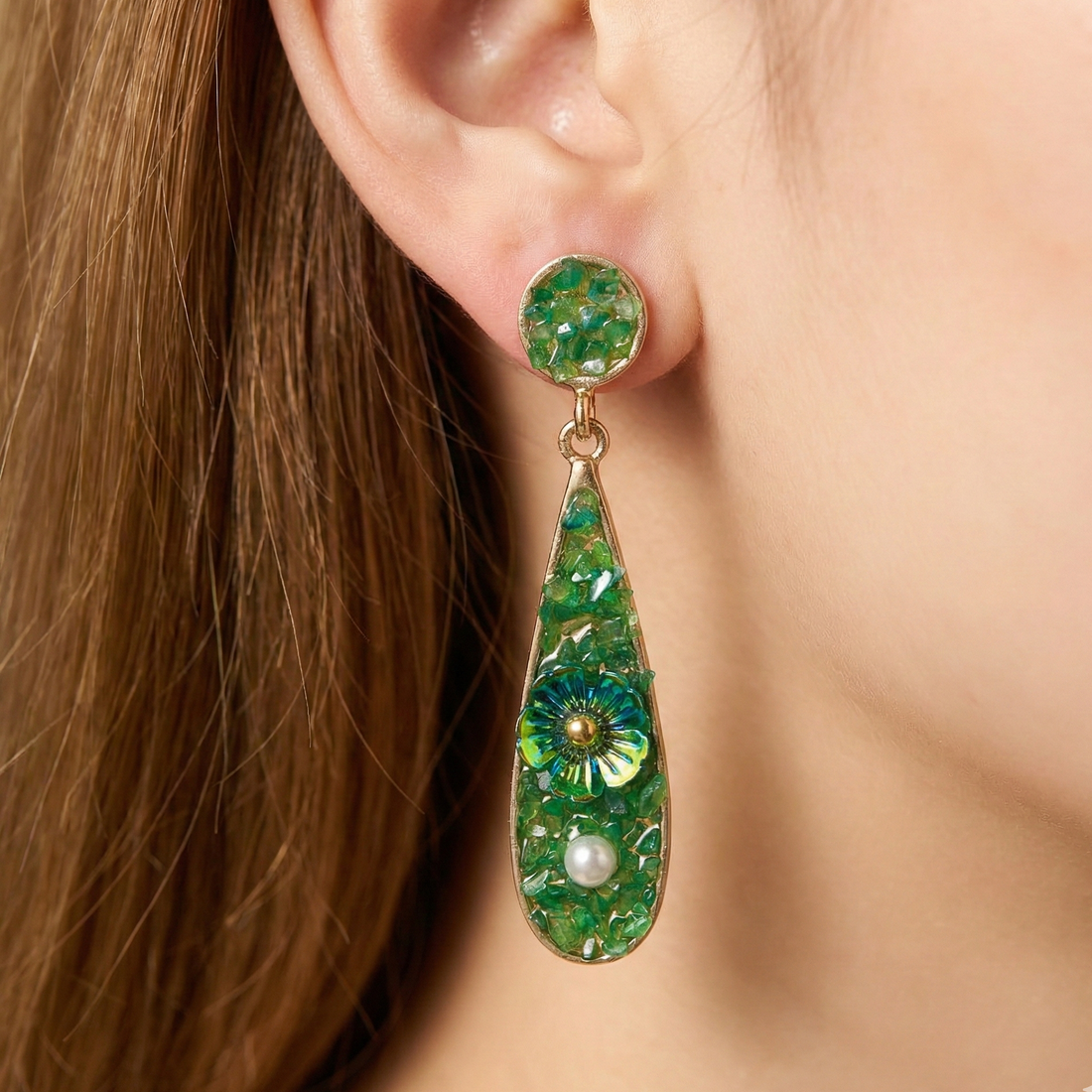 Elegant Green Floral Drop Earrings