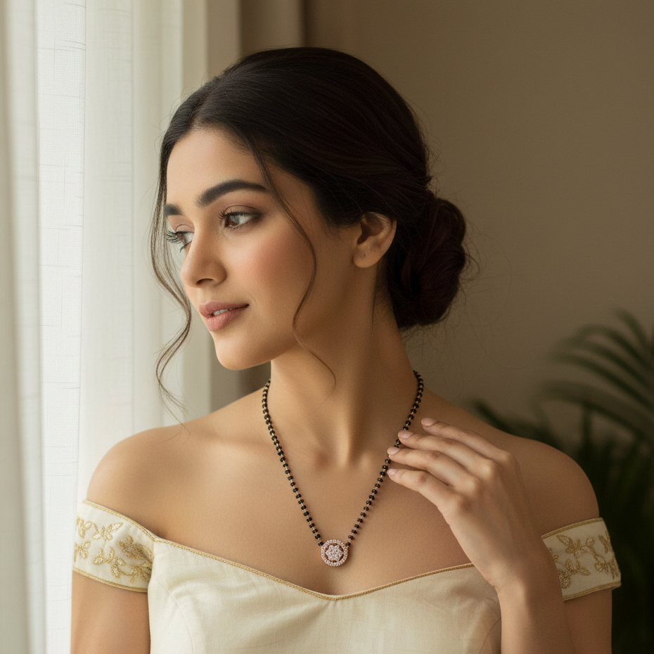 Woman wearing a necklace indoors with a neutral background