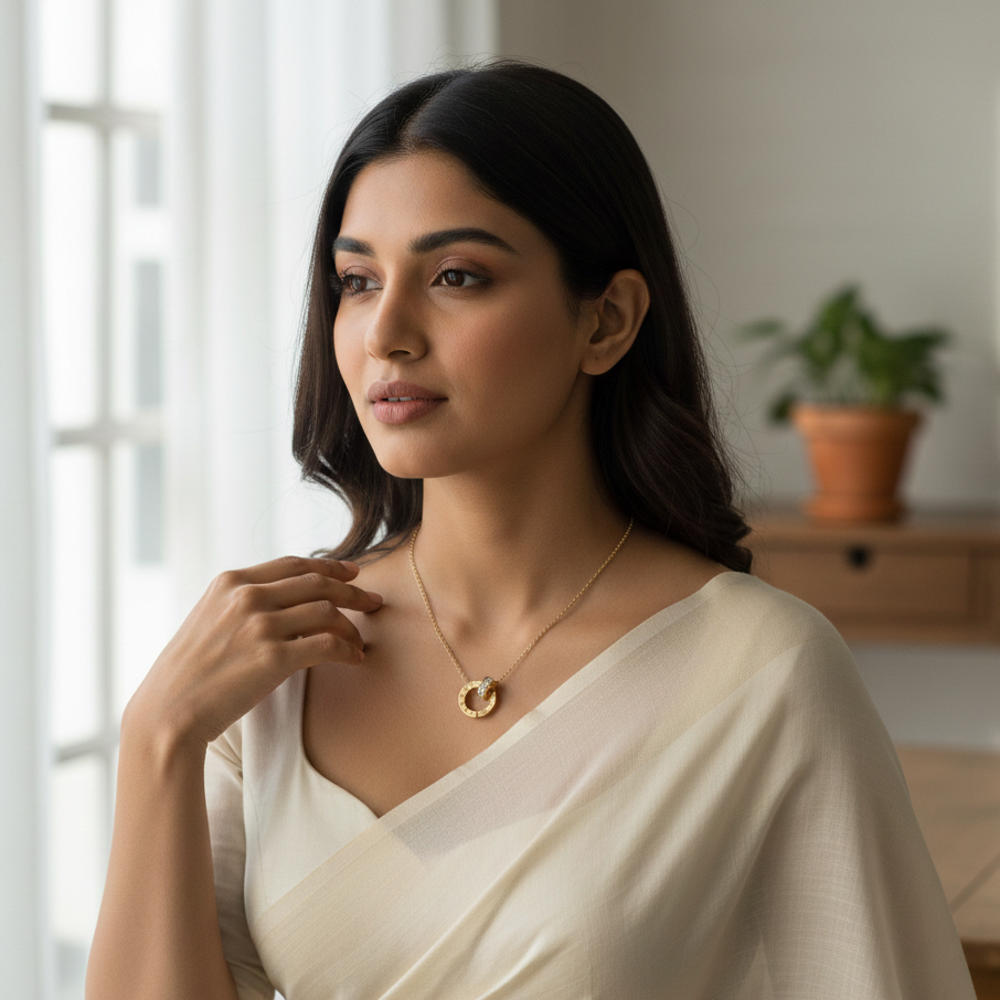 Woman in a white saree with a gold necklace in a softly lit room.
